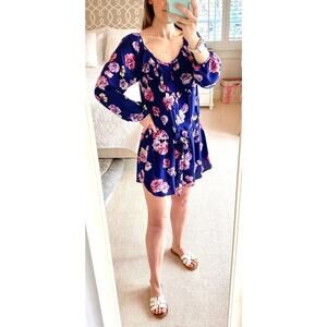 Rebecca Taylor Floral Mini Tie Waist Blouson Swing Dress Navy Blue Pink Silk